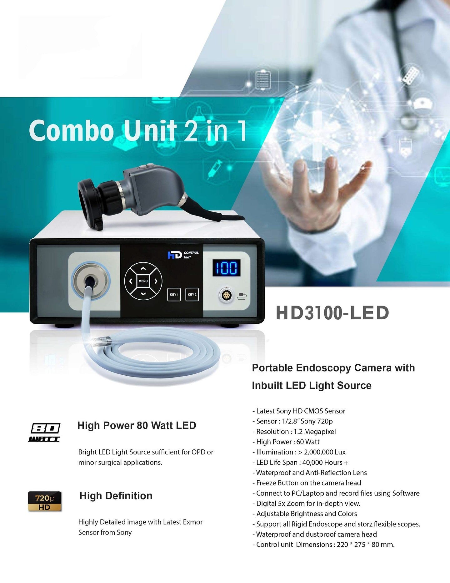 Portable Endoscopy Combo Unit 2 in 1 Camera with Cold LED Light Source