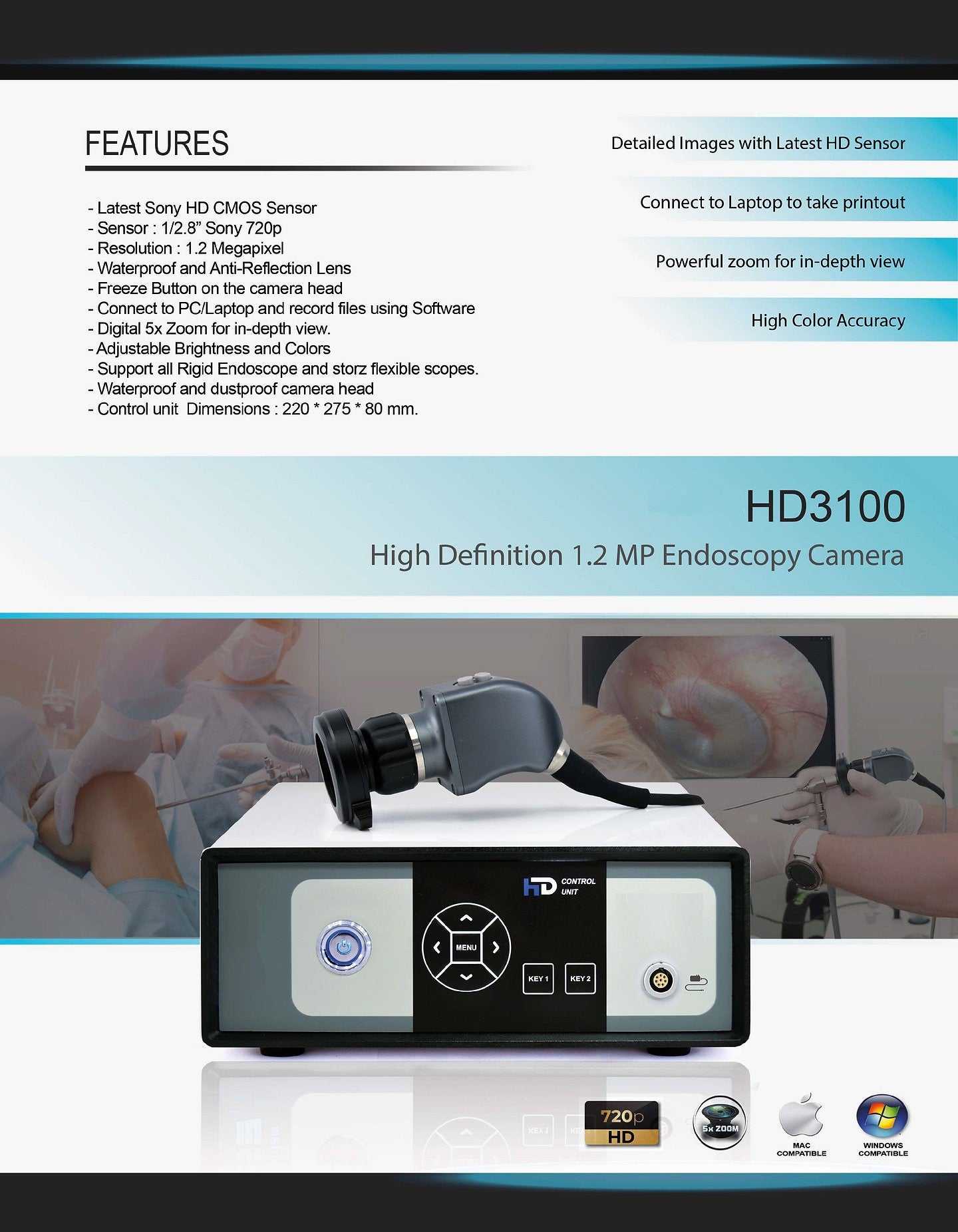 Professional Range ENT HD Endoscopy Camera 1.2mp HDR