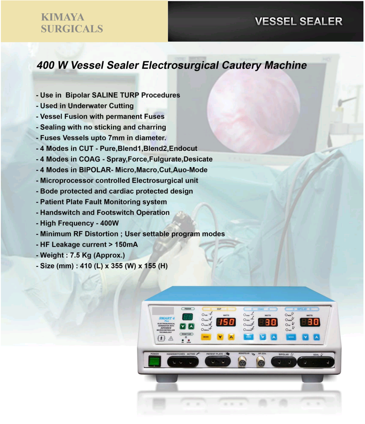 Electro-Surgical Cautery Unit: All In One (400 W ESU + Vessel Sealer + Bipolar Saline)