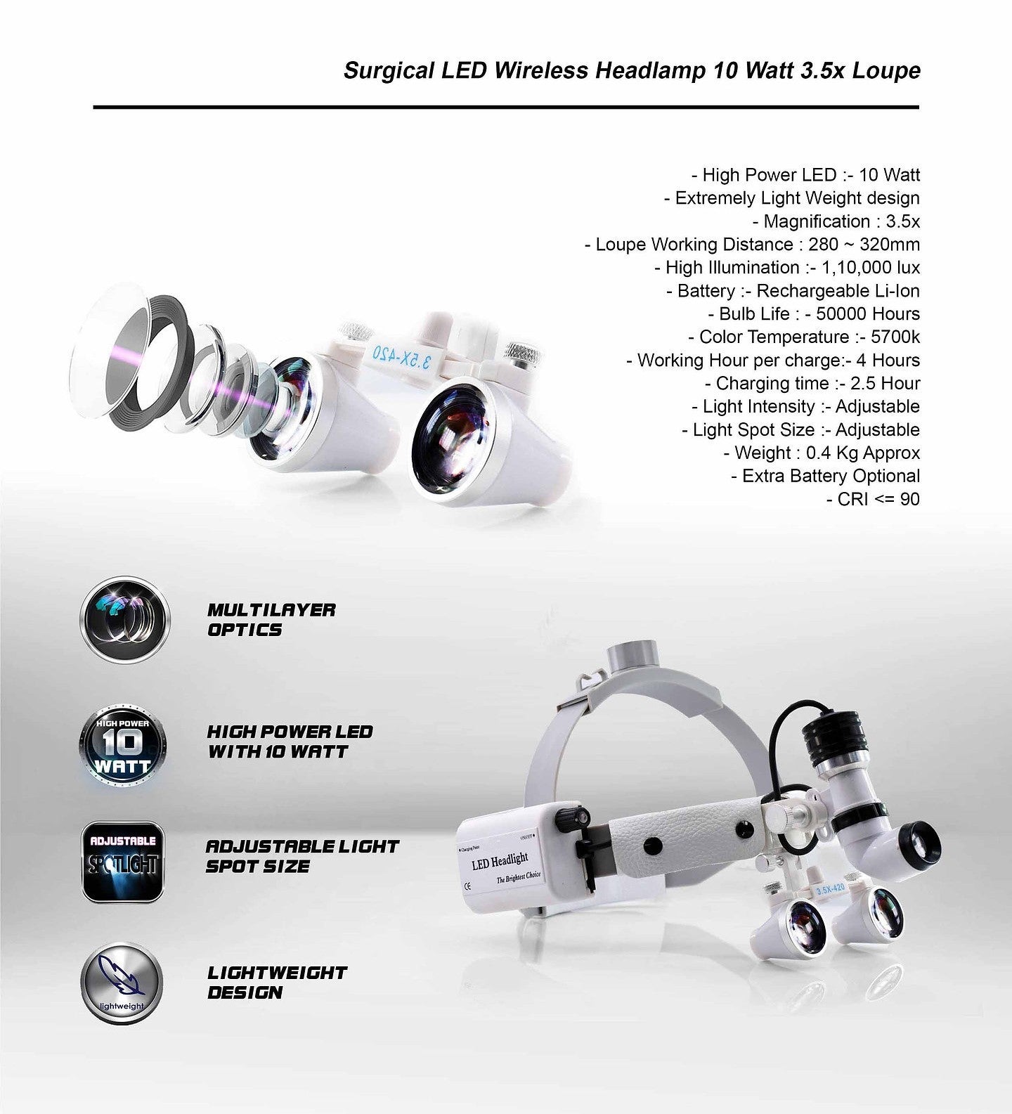 Dental Loupes with Wireless Surgical LED HeadLight 10 Watt