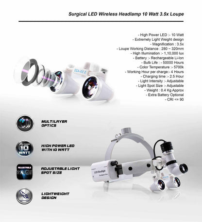 Dental Loupes with Wireless Surgical LED HeadLight 10 Watt
